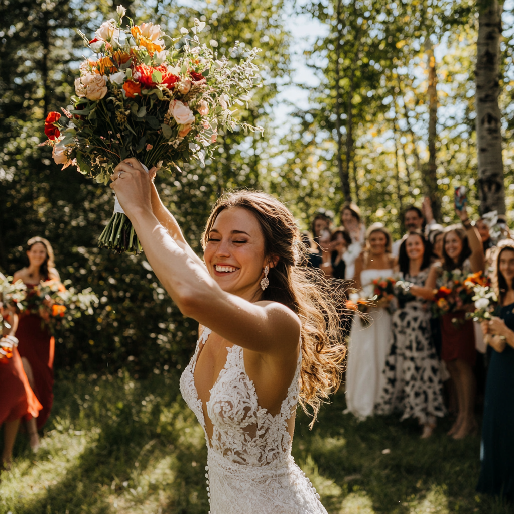 the bride throws the bouquet